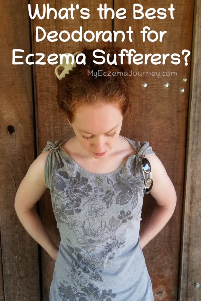 redhaired lady in sleeveless shirt with text overlay: what's the best deodorant for eczema sufferers?